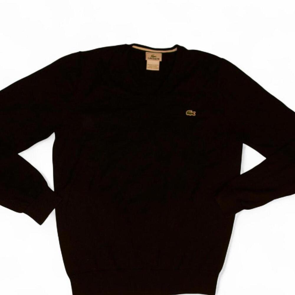 Lacoste Black V Neck Pull Over Sweater 100% Cotton Long Sleeve Money Academia